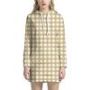 Beige And White Check Pattern Print Hoodie Dress