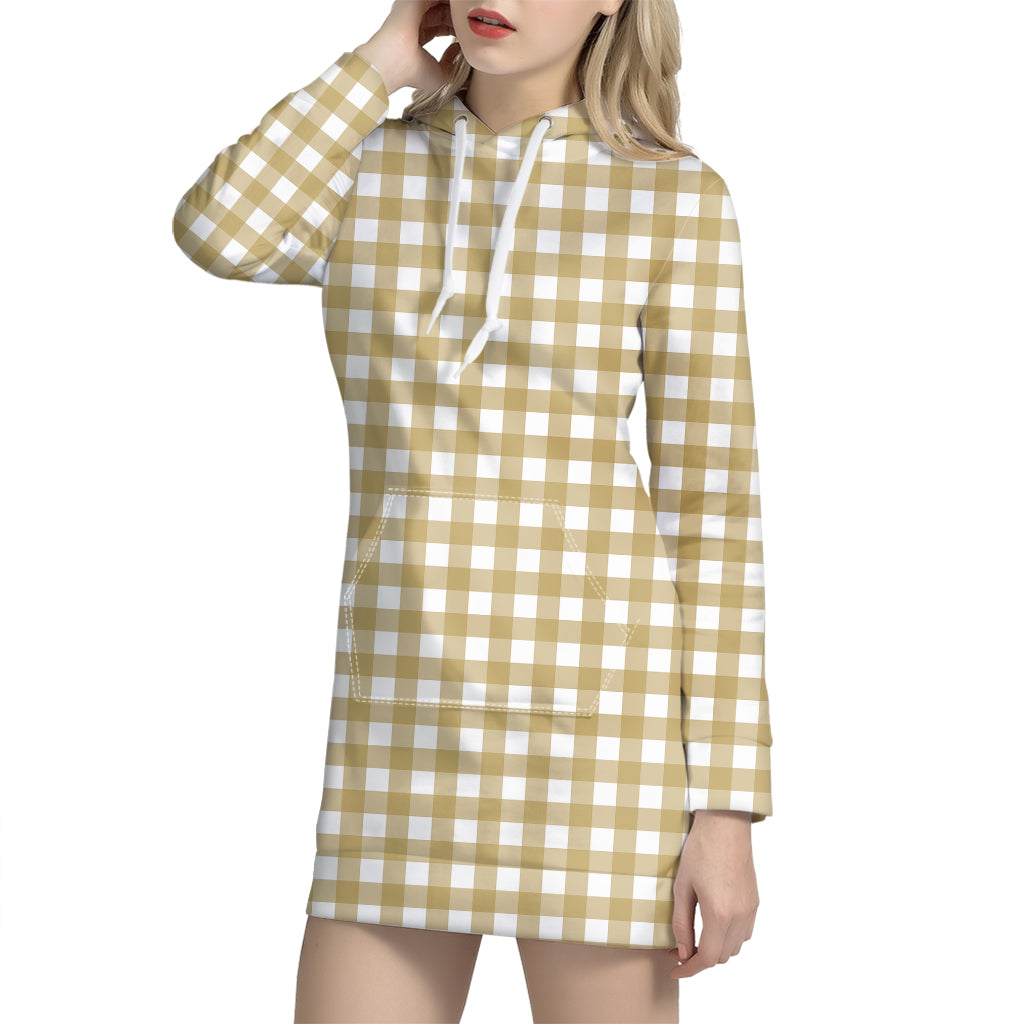 Beige And White Check Pattern Print Hoodie Dress
