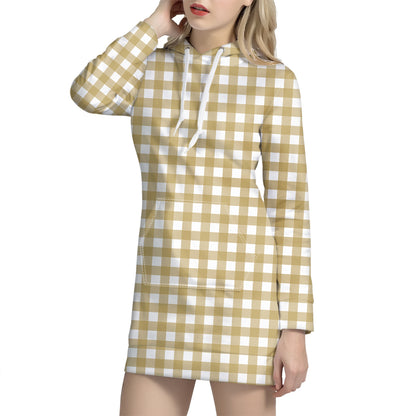 Beige And White Check Pattern Print Hoodie Dress