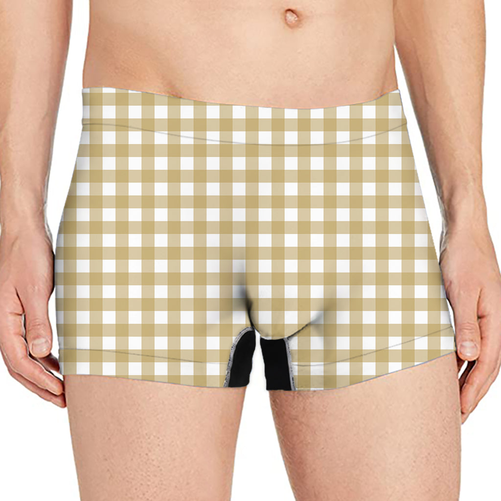 Beige And White Check Pattern Print Men's Boxer Briefs