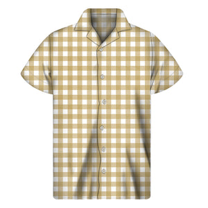 Beige And White Check Pattern Print Men's Short Sleeve Shirt