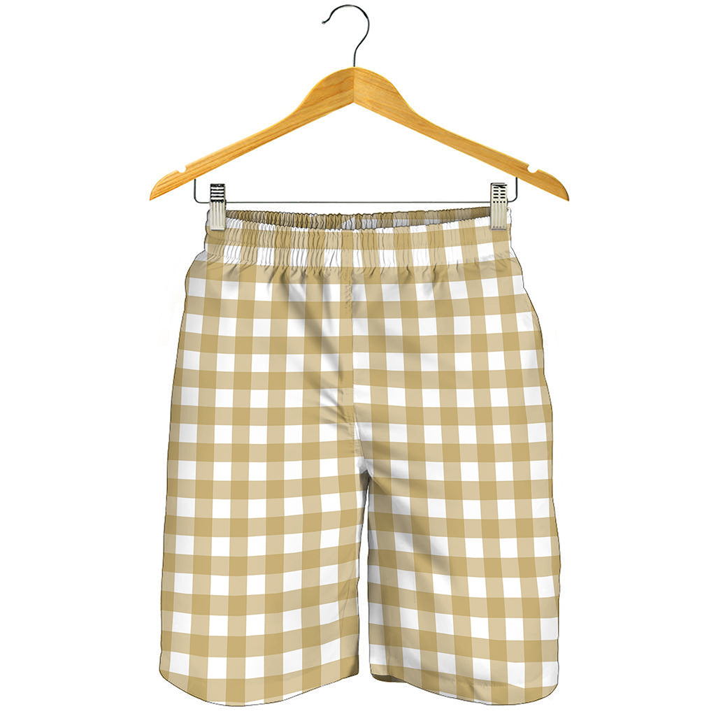 Beige And White Check Pattern Print Men's Shorts