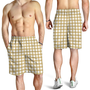 Beige And White Check Pattern Print Men's Shorts