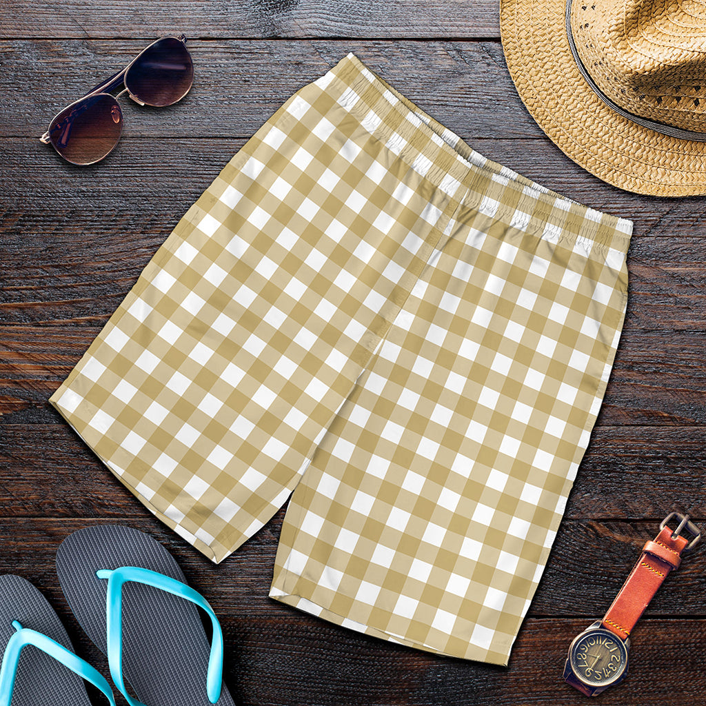 Beige And White Check Pattern Print Men's Shorts