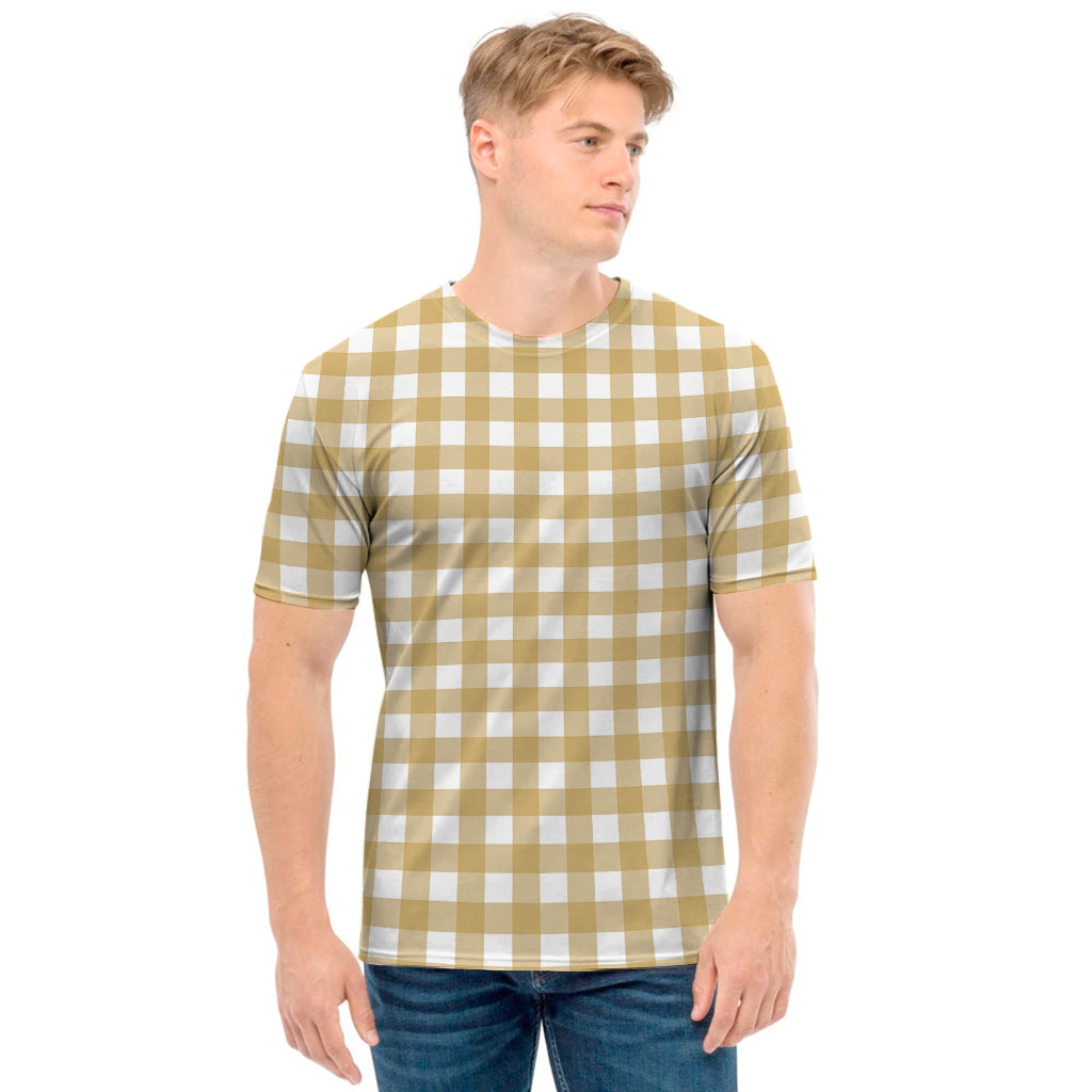 Beige And White Check Pattern Print Men's T-Shirt