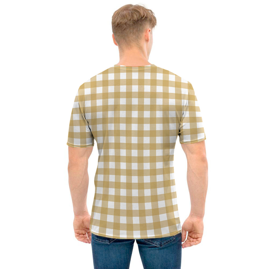 Beige And White Check Pattern Print Men's T-Shirt