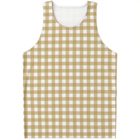 Beige And White Check Pattern Print Men's Tank Top