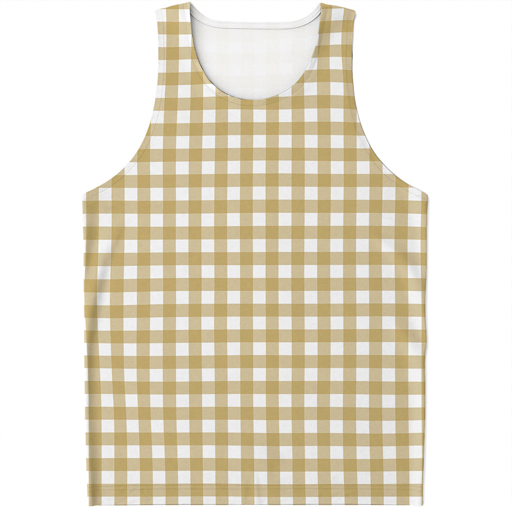 Beige And White Check Pattern Print Men's Tank Top