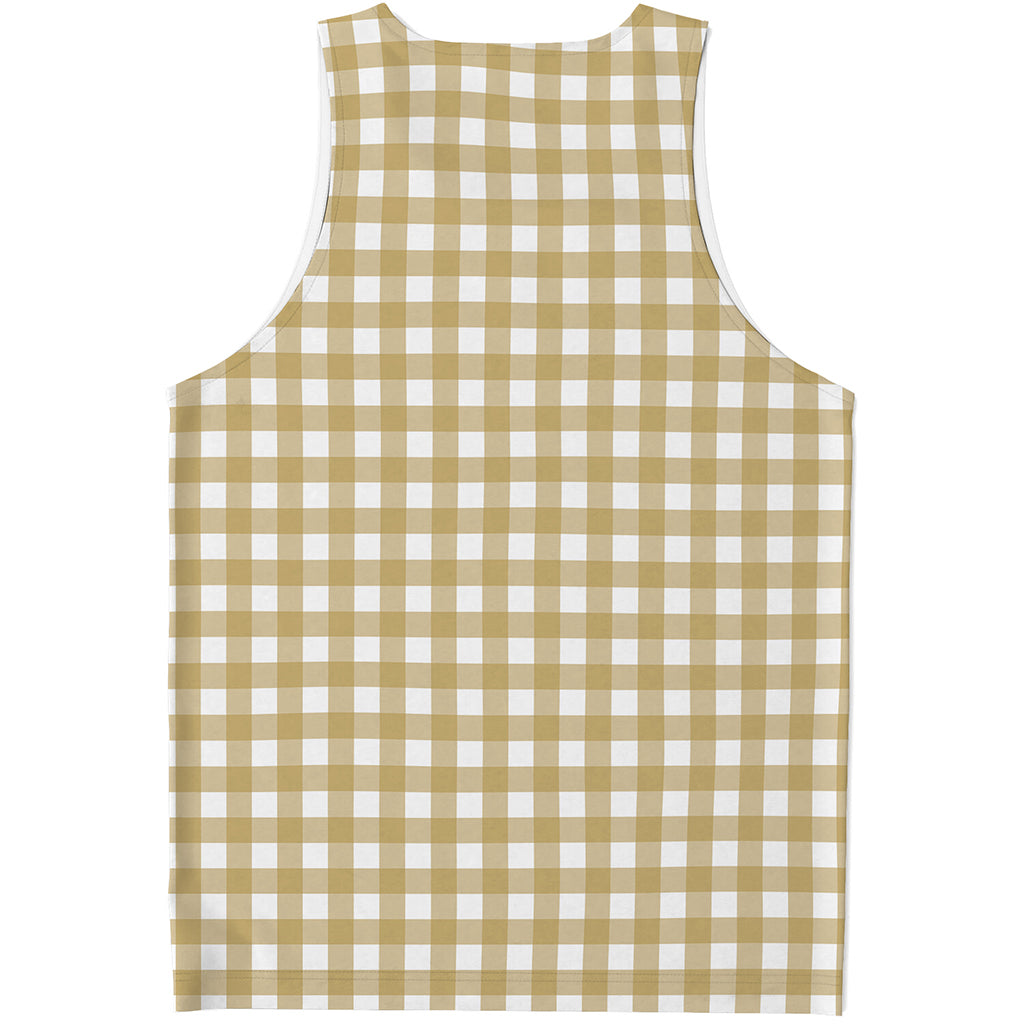 Beige And White Check Pattern Print Men's Tank Top