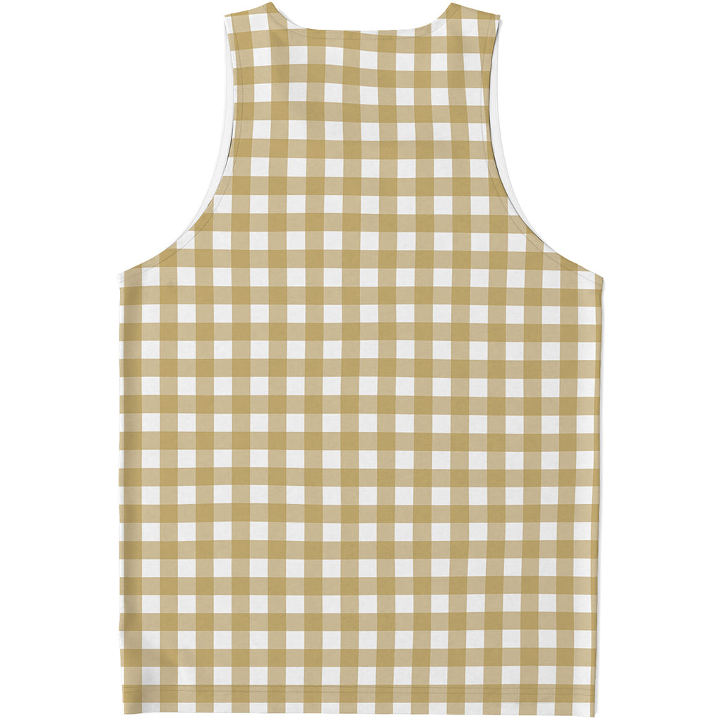 Beige And White Check Pattern Print Men's Tank Top