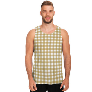 Beige And White Check Pattern Print Men's Tank Top