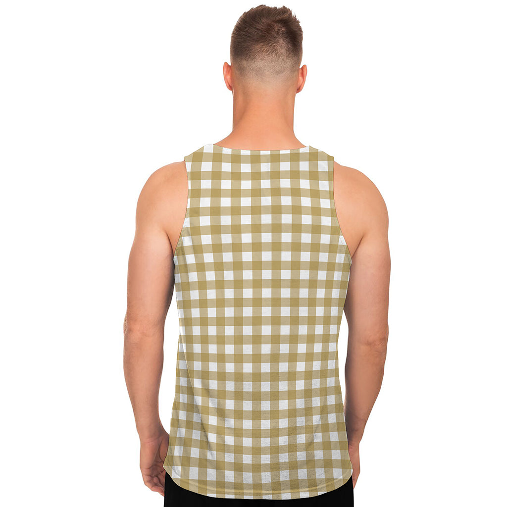 Beige And White Check Pattern Print Men's Tank Top