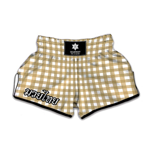 Beige And White Check Pattern Print Muay Thai Boxing Shorts