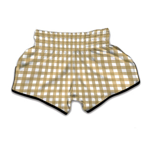 Beige And White Check Pattern Print Muay Thai Boxing Shorts