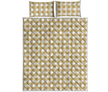 Beige And White Check Pattern Print Quilt Bed Set