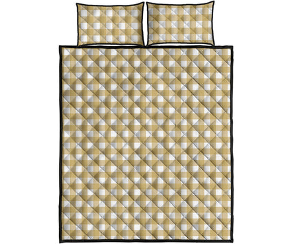 Beige And White Check Pattern Print Quilt Bed Set