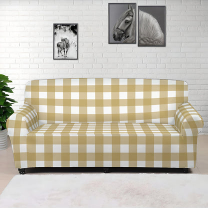 Beige And White Check Pattern Print Sofa Cover