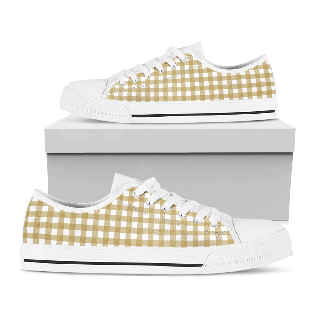 Beige And White Check Pattern Print White Low Top Shoes