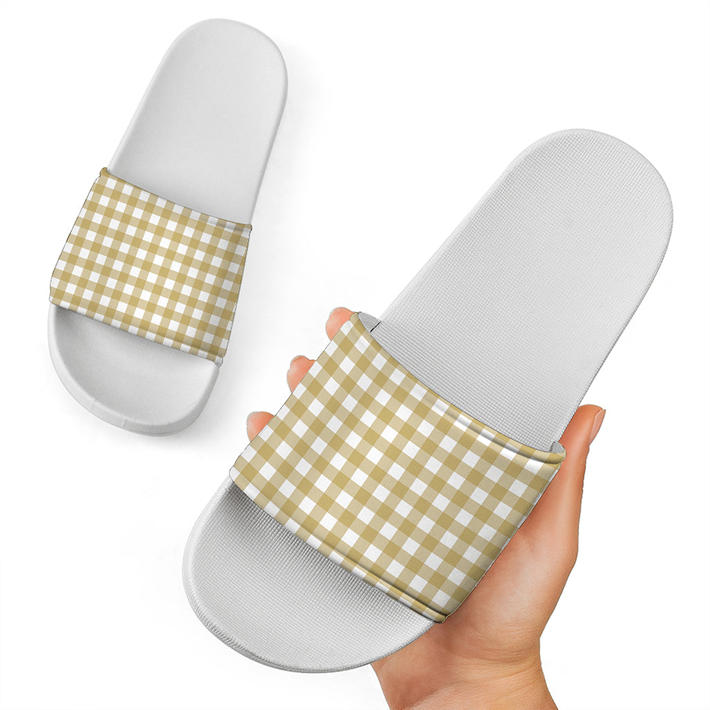 Beige And White Check Pattern Print White Slide Sandals