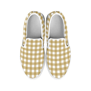 Beige And White Check Pattern Print White Slip On Shoes