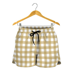 Beige And White Check Pattern Print Women's Shorts