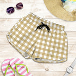 Beige And White Check Pattern Print Women's Shorts