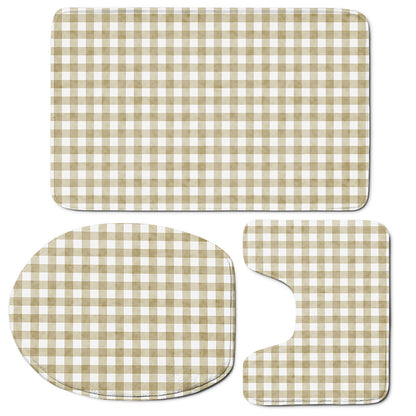 Beige And White Gingham Pattern Print 3 Piece Bath Mat Set