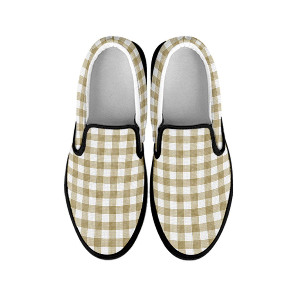 Beige And White Gingham Pattern Print Black Slip On Shoes