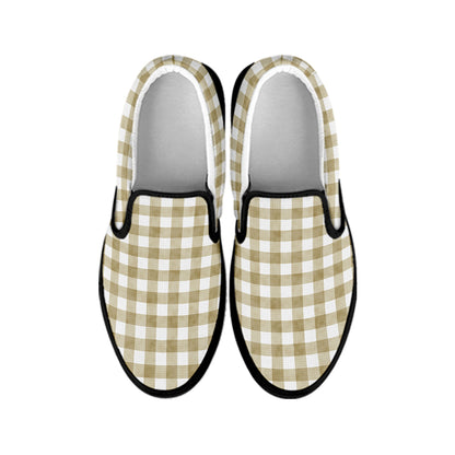 Beige And White Gingham Pattern Print Black Slip On Shoes
