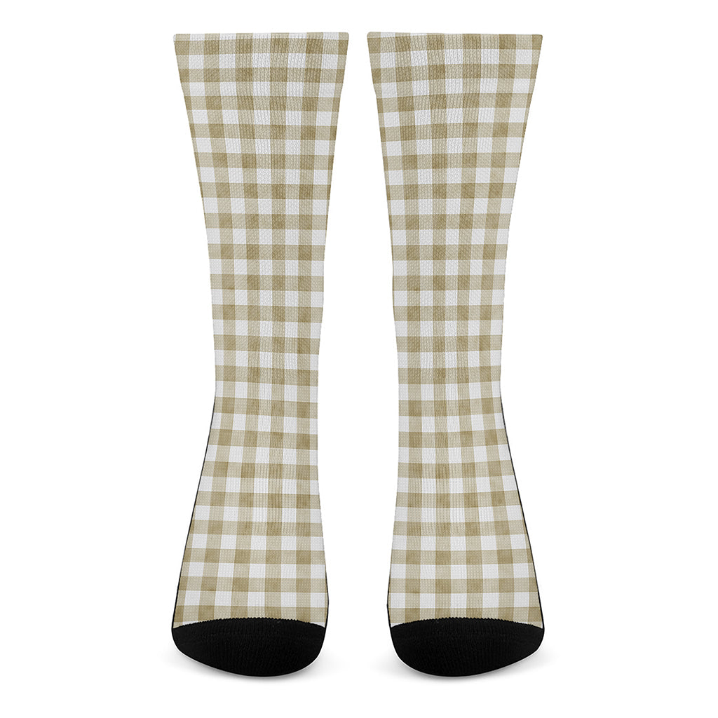 Beige And White Gingham Pattern Print Crew Socks