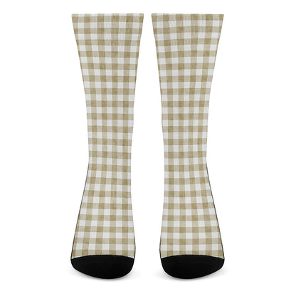 Beige And White Gingham Pattern Print Crew Socks
