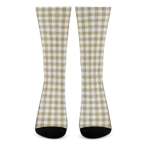 Beige And White Gingham Pattern Print Crew Socks