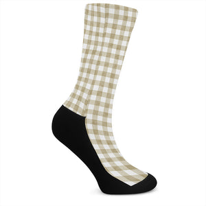 Beige And White Gingham Pattern Print Crew Socks