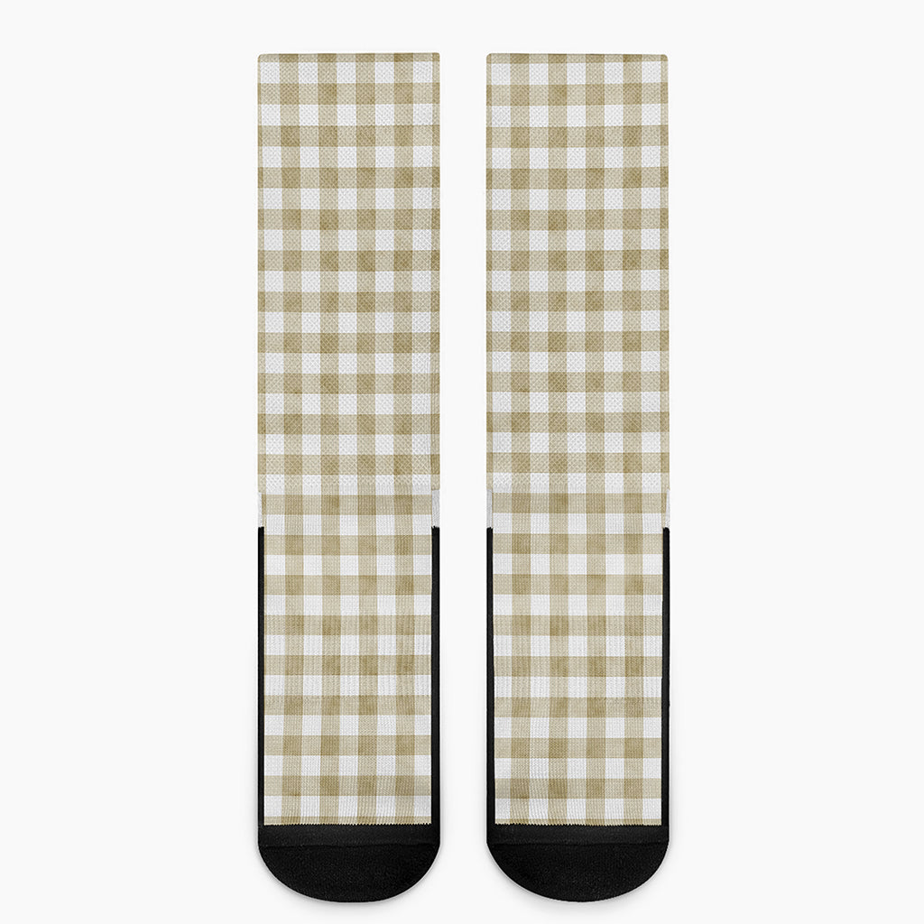 Beige And White Gingham Pattern Print Crew Socks