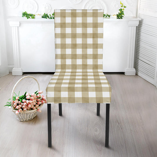 Beige And White Gingham Pattern Print Dining Chair Slipcover