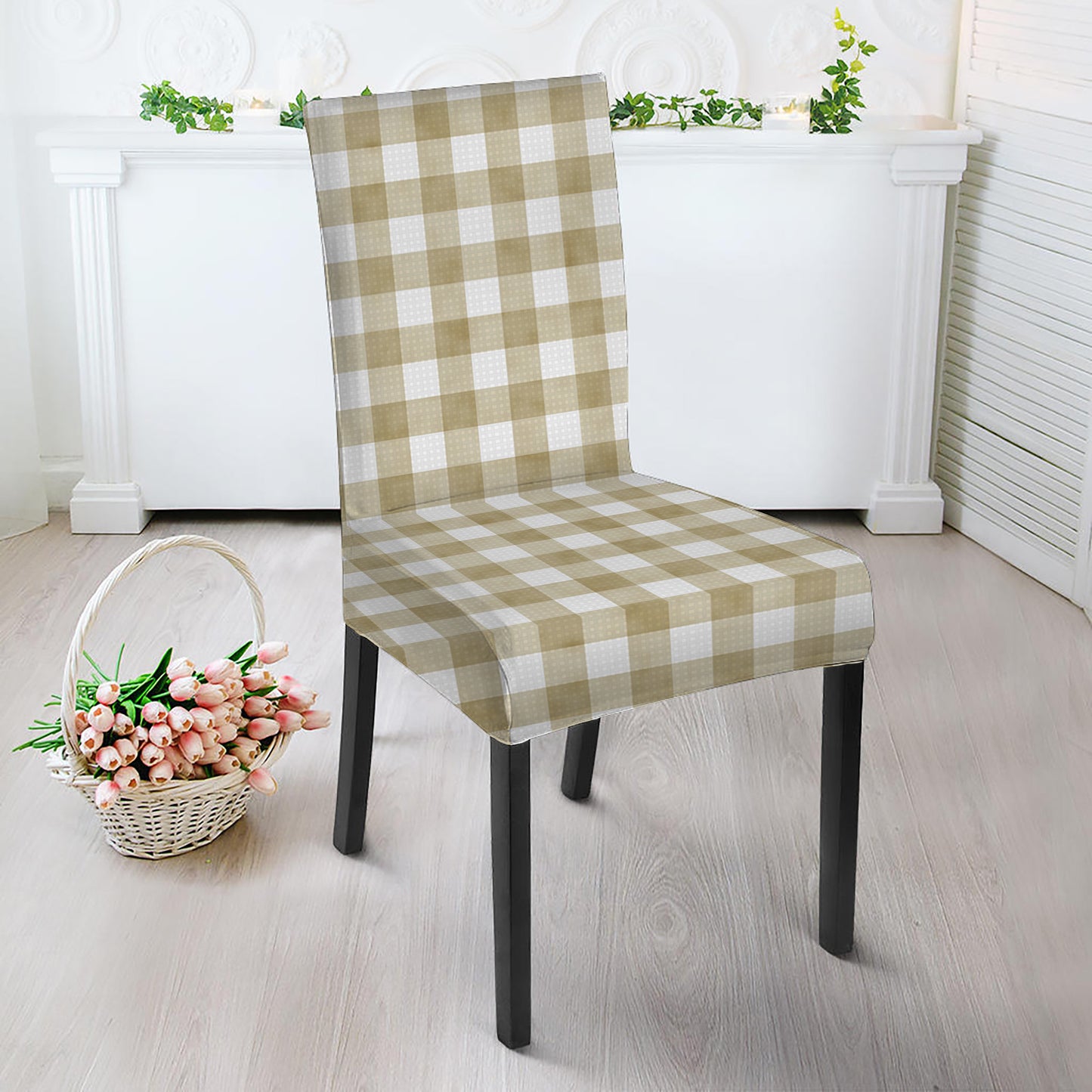 Beige And White Gingham Pattern Print Dining Chair Slipcover