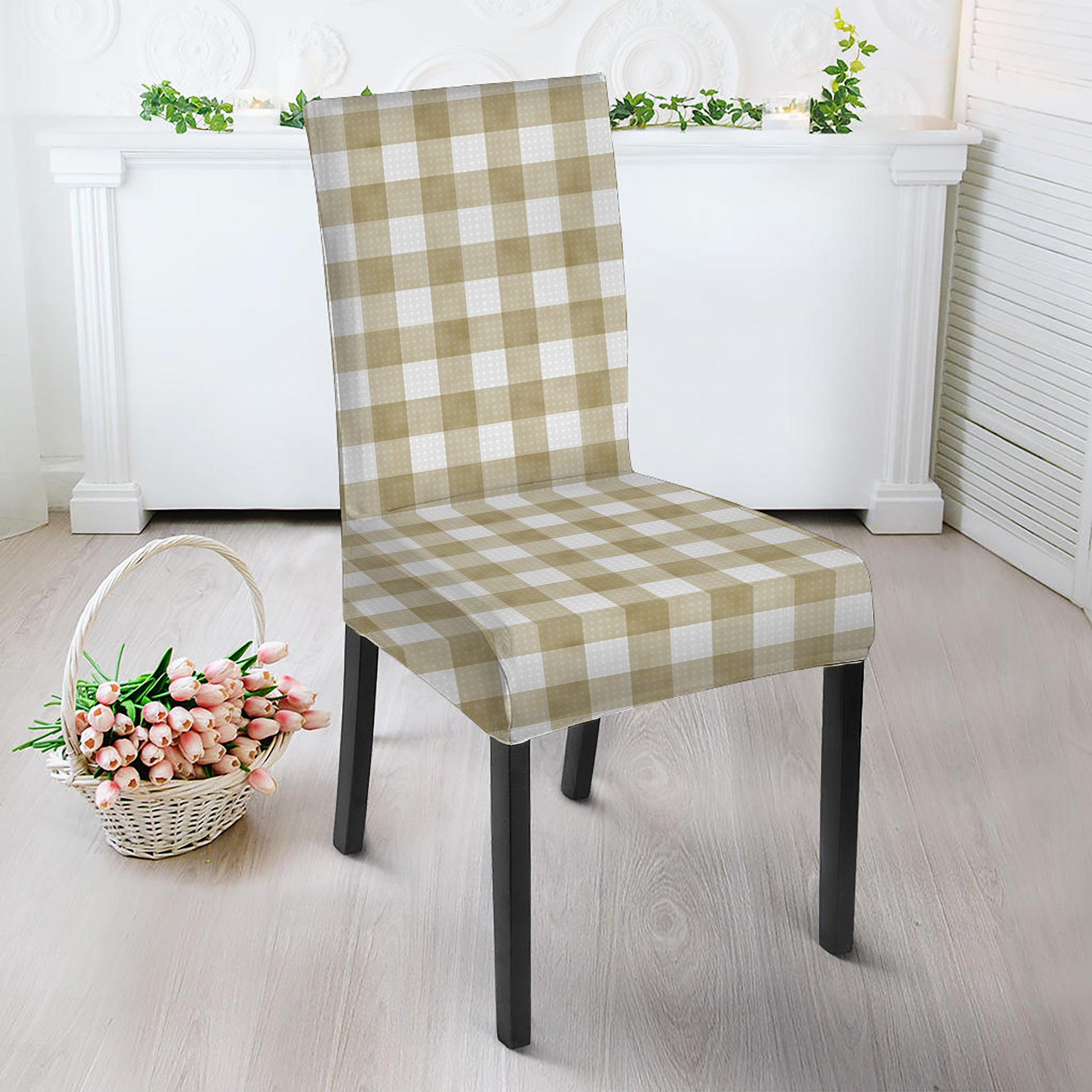 Beige And White Gingham Pattern Print Dining Chair Slipcover