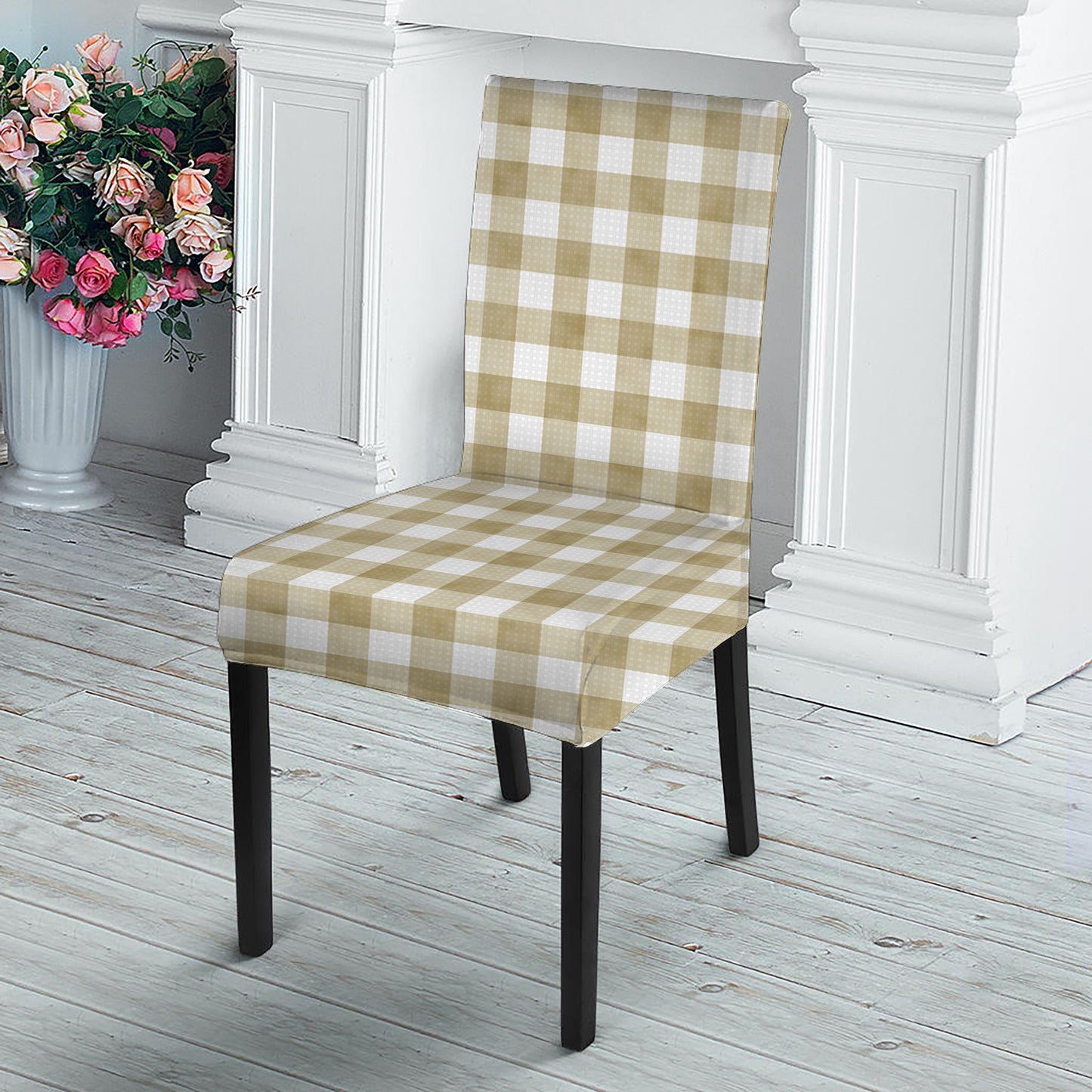 Beige And White Gingham Pattern Print Dining Chair Slipcover