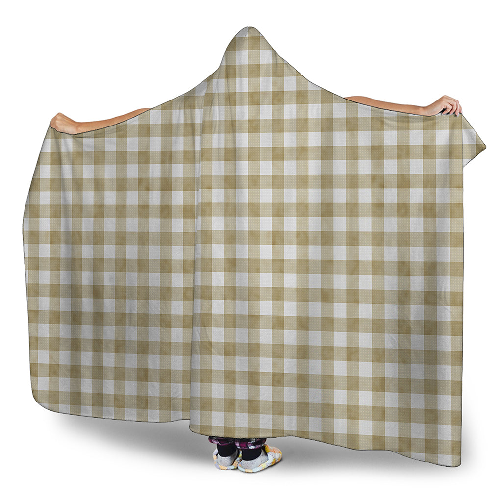 Beige And White Gingham Pattern Print Hooded Blanket