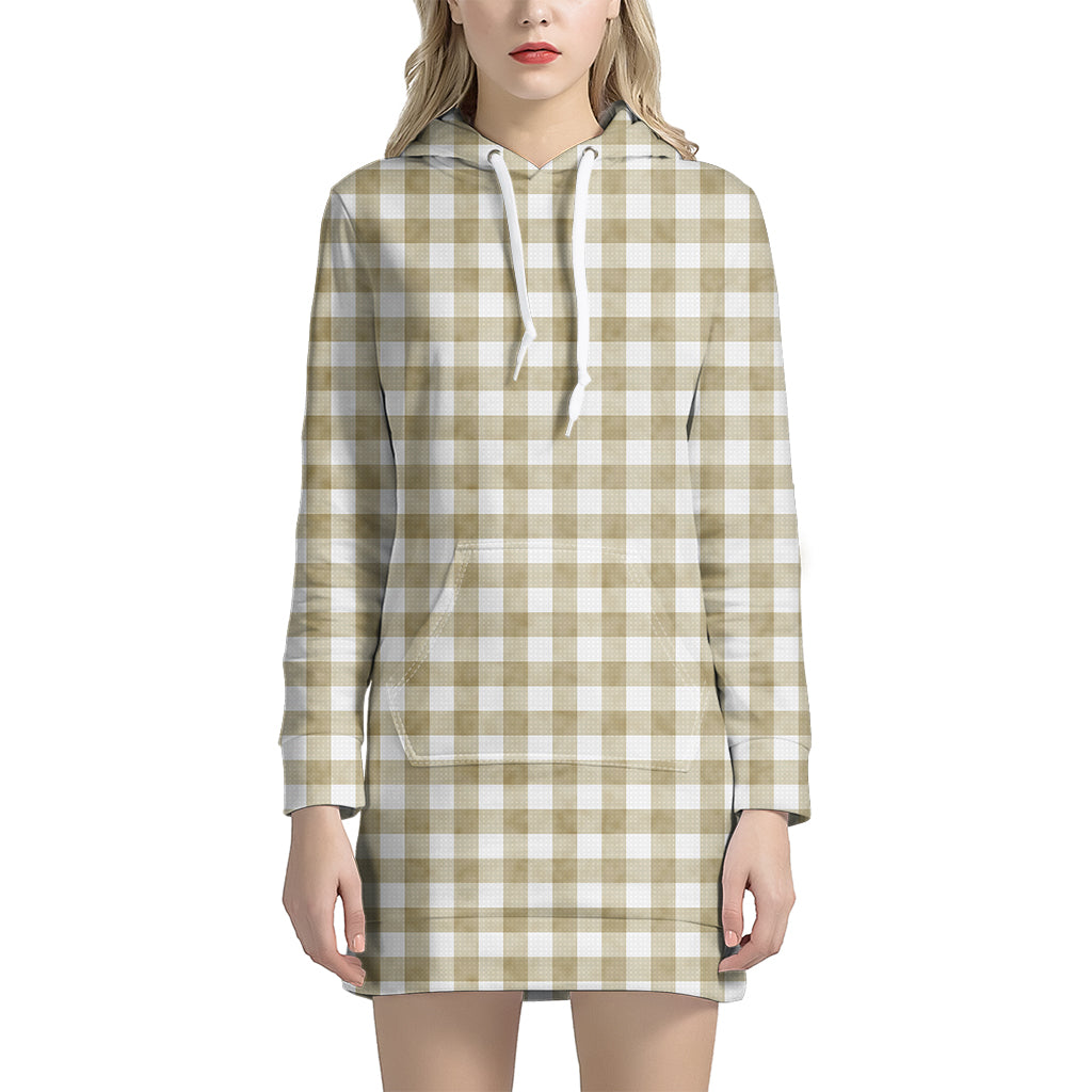 Beige And White Gingham Pattern Print Hoodie Dress