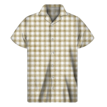 Beige And White Gingham Pattern Print Men's Short Sleeve Shirt