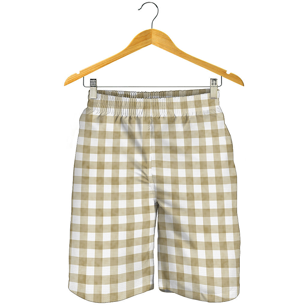 Beige And White Gingham Pattern Print Men's Shorts