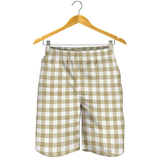 Beige And White Gingham Pattern Print Men's Shorts