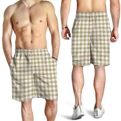 Beige And White Gingham Pattern Print Men's Shorts