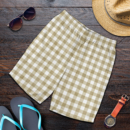 Beige And White Gingham Pattern Print Men's Shorts