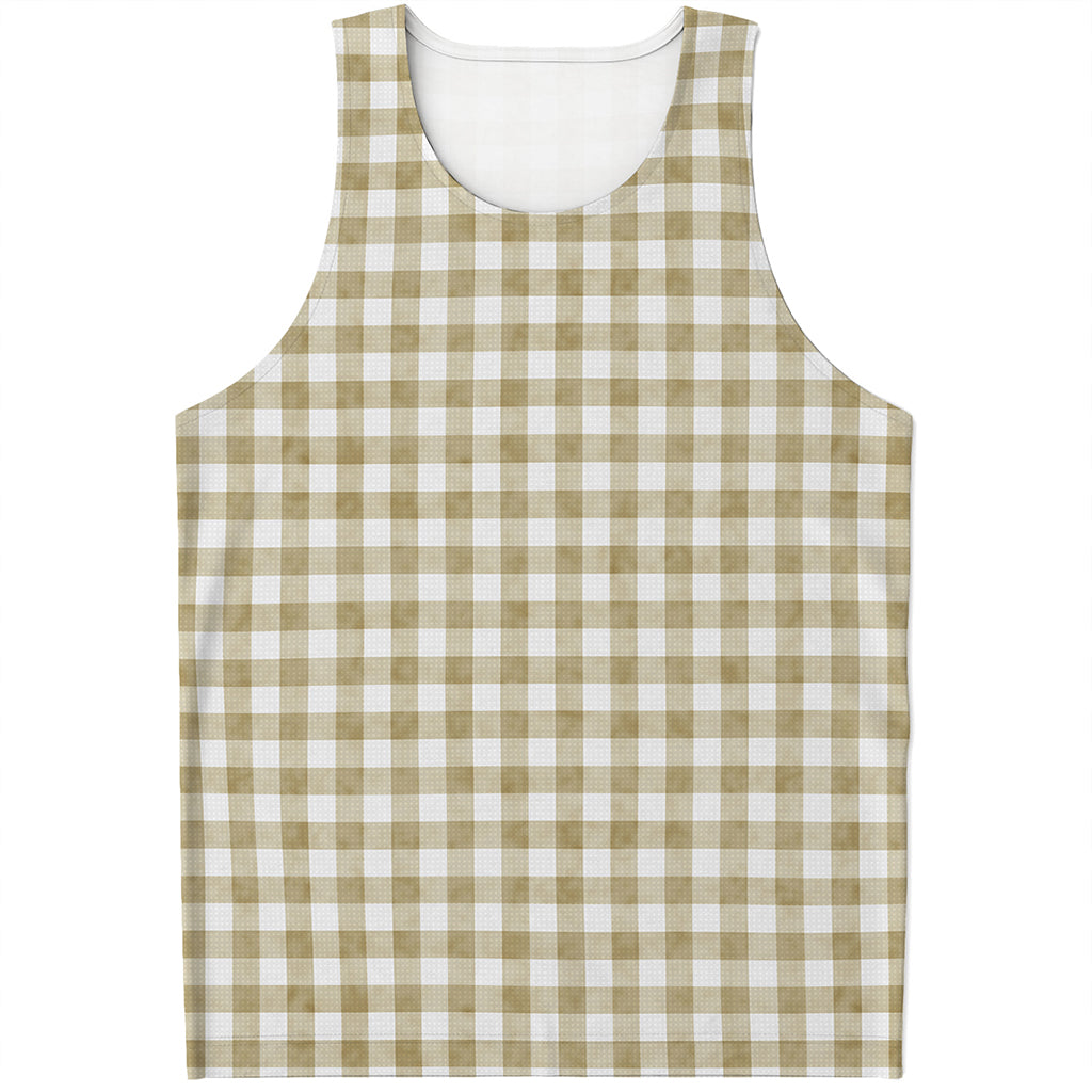 Beige And White Gingham Pattern Print Men's Tank Top