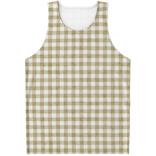 Beige And White Gingham Pattern Print Men's Tank Top