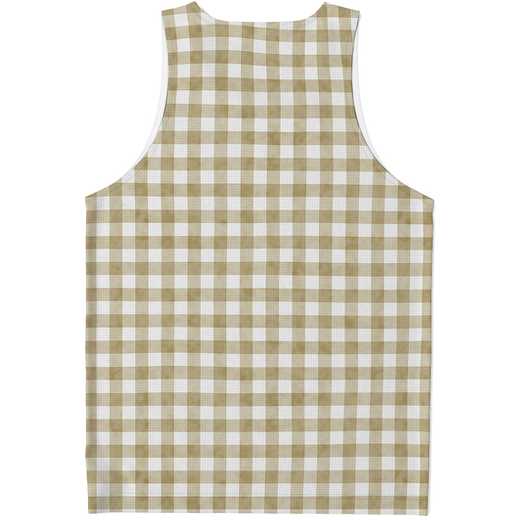 Beige And White Gingham Pattern Print Men's Tank Top