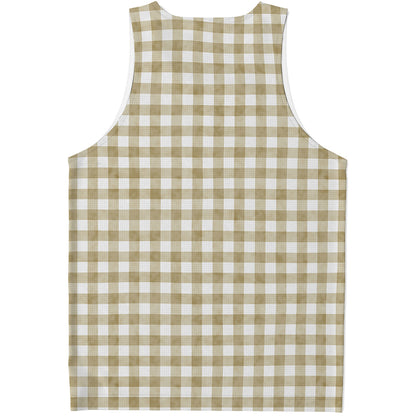 Beige And White Gingham Pattern Print Men's Tank Top