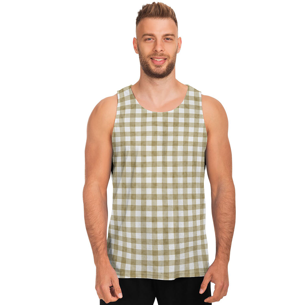 Beige And White Gingham Pattern Print Men's Tank Top